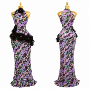 floral halter mermaid maxi dress with organza detail