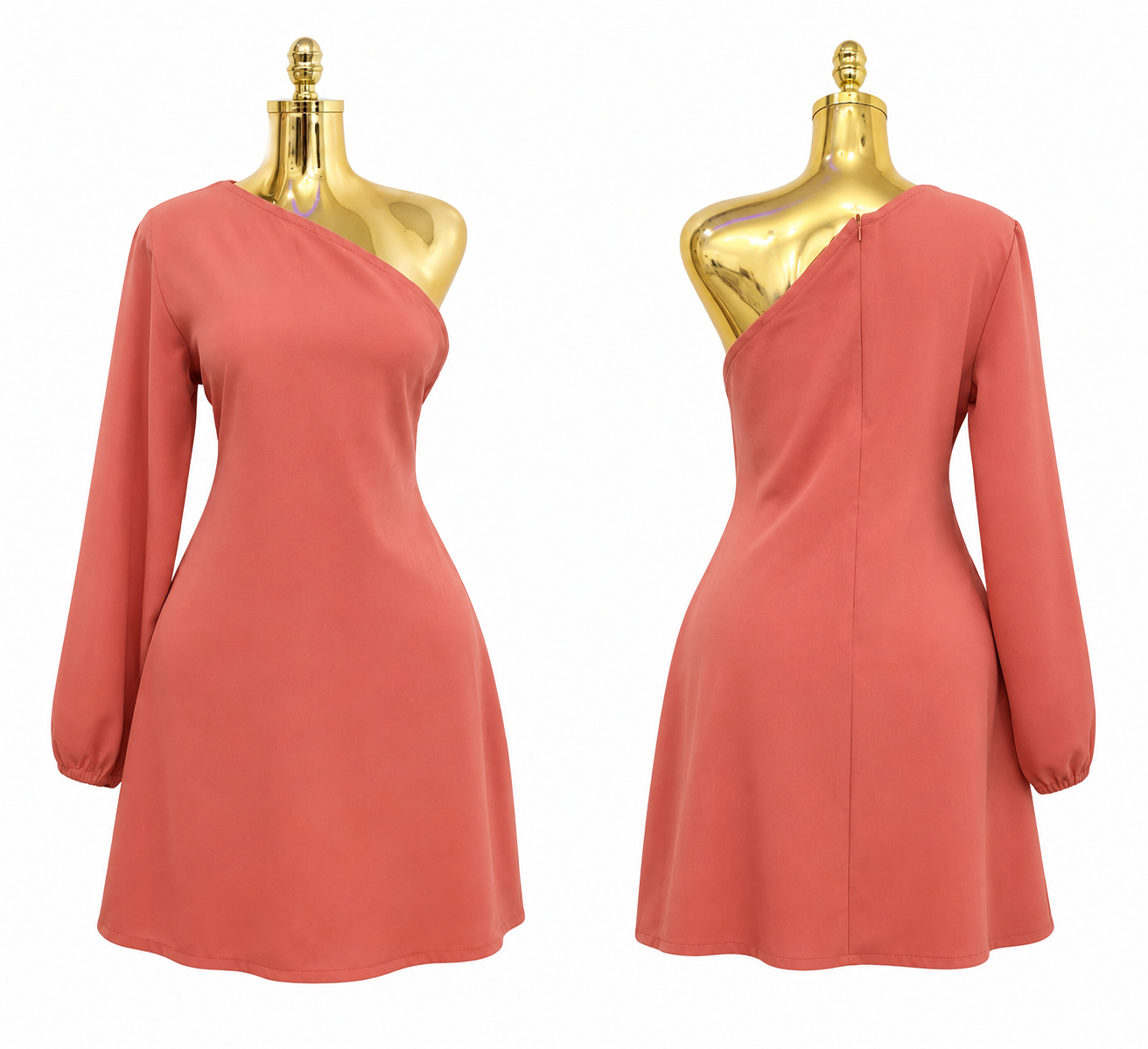 coral one shoulder long sleeve mini dress coral one shoulder long sleeve mini dress