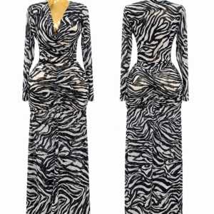 Home zebra print ruched maxi dress – long sleeve bodycon gown