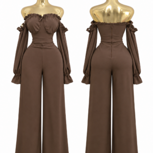 mocha romance off shoulder palazzo jumpsuit